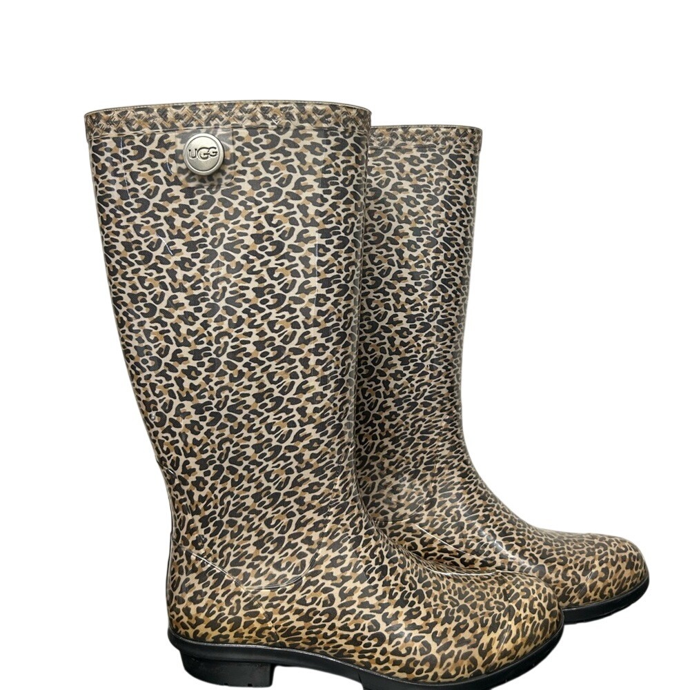 UGG Shaye Leopard Print Tall Rain Boots Sheepskin Insole Size 6